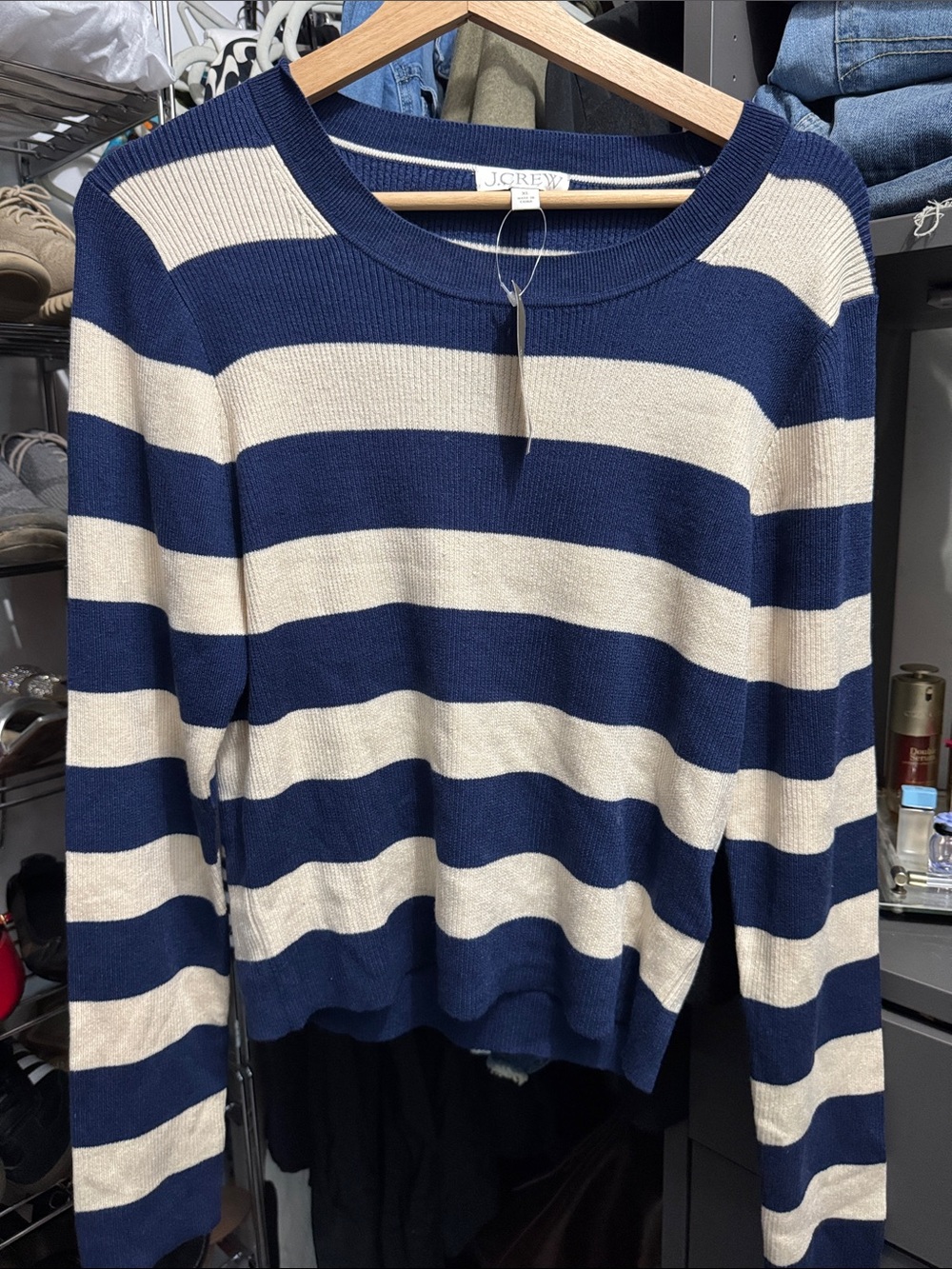 NWT j crew Ribbed crewneck swater in stripe navy and cream size XL